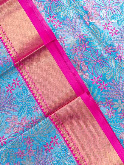 Violet Bridal Tissue Semi Silk Saree With Contrast Pink Traditional Evening Morning Border