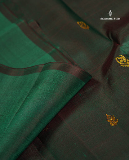 One Side Border Pure Silk Saree - Dual Tone Bottle Green Zari Butta With Contrast Manthulir Yellow Traditional Border