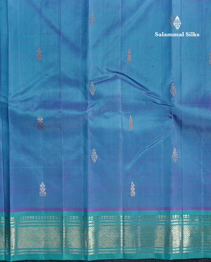 Dual Tone Sky Blue Pure Kanjivaram Silk Saree With Contrast Sapphire Green One Side Border