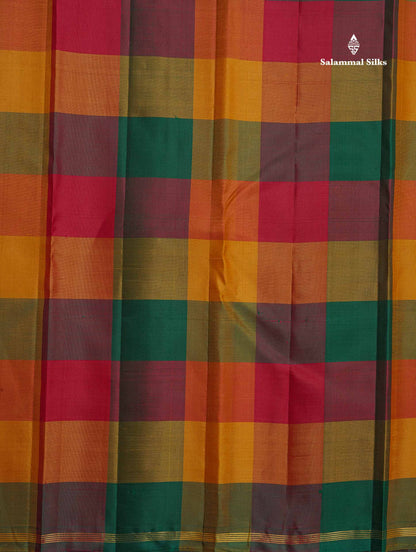Pure Kanjivaram Silk Saree - Cream Colour Body With Zari Butta & Paalum Pazham Checks Blouse