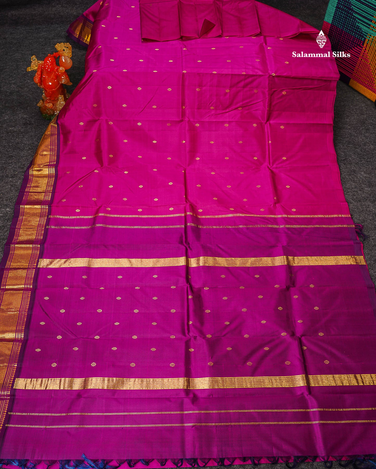 One Side Border Pure Silk Saree - Magenta Pink Zari Butta With Contrast Dark Purple Traditional Border