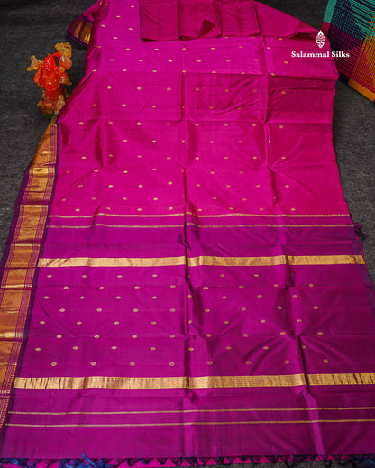 One Side Border Pure Silk Saree - Magenta Pink Zari Butta With Contrast Dark Purple Traditional Border
