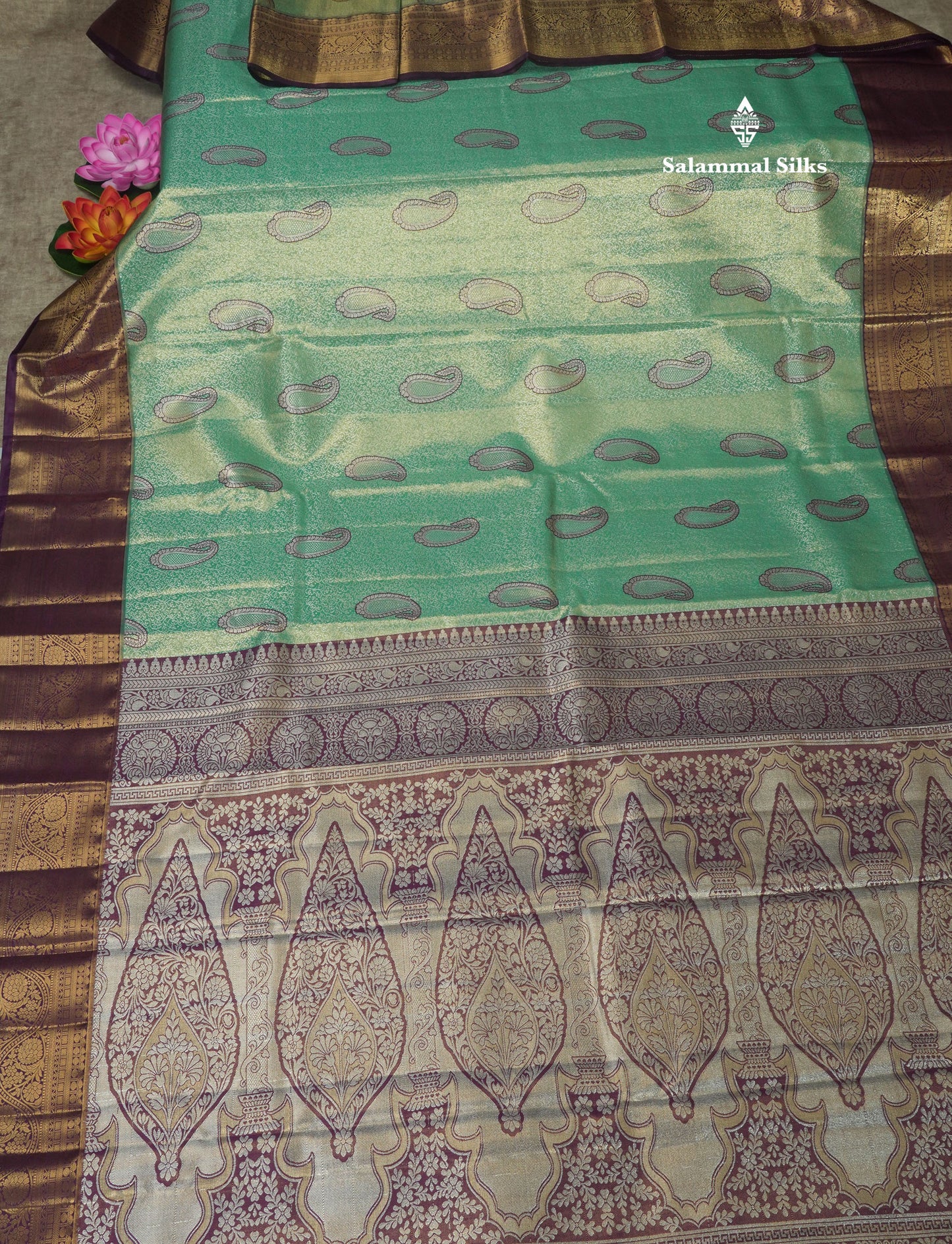 Light Green Tissue Bridal Semi Silk Saree With Contrast Magenta Border