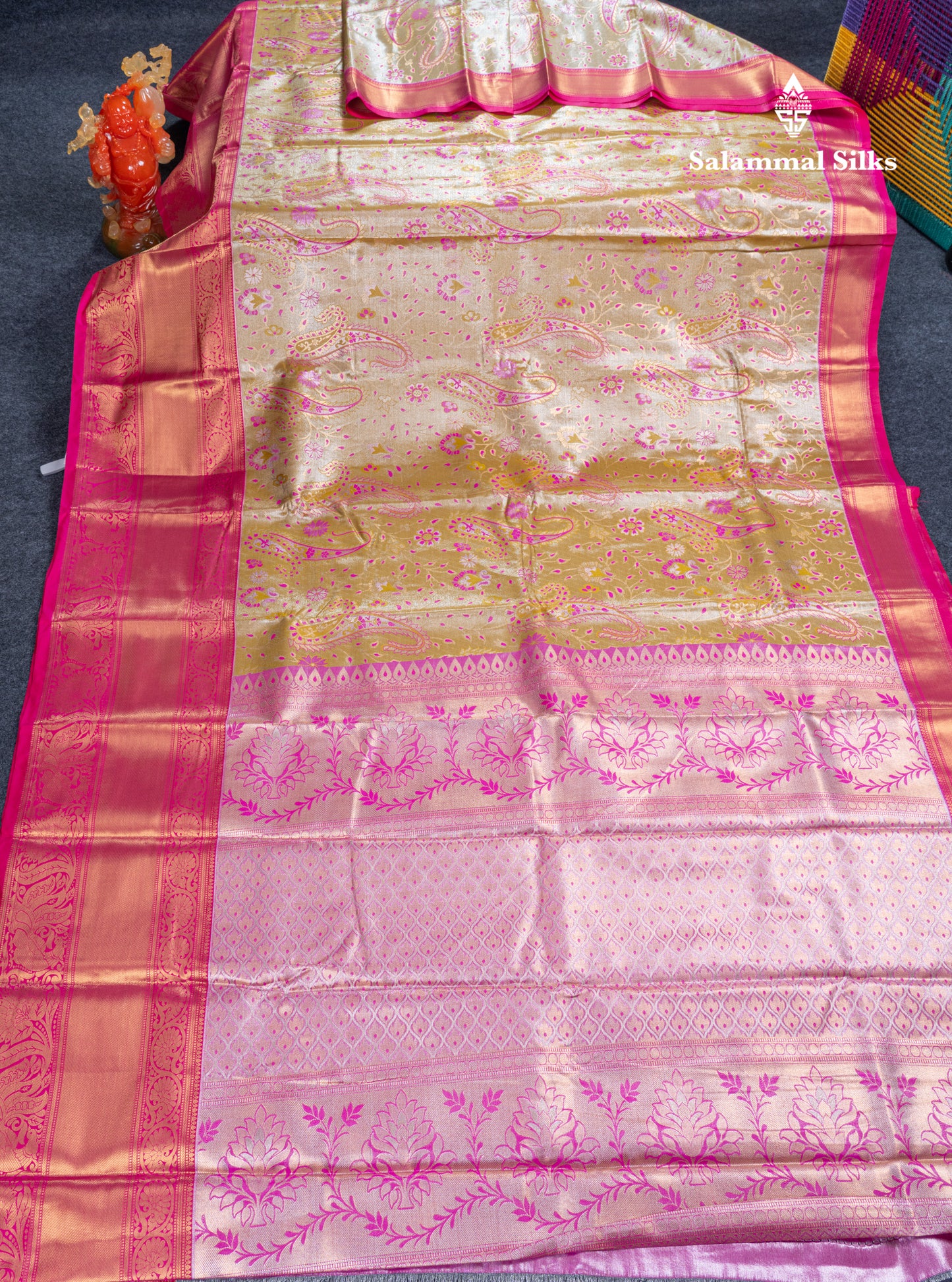 Olive Mustard Yellow Bridal Tissue Semi Silk Saree With Contrast Pink Traditional Evening Morning Border