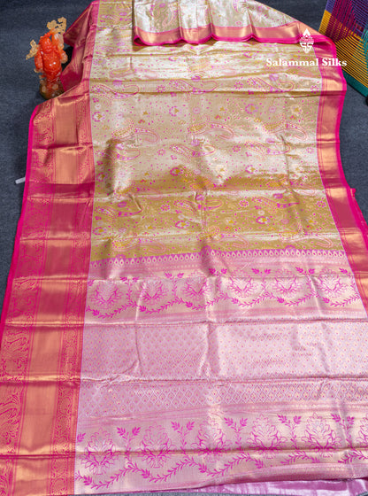 Olive Mustard Yellow Bridal Tissue Semi Silk Saree With Contrast Pink Traditional Evening Morning Border