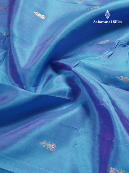 Dual Tone Sky Blue Pure Kanjivaram Silk Saree With Contrast Sapphire Green One Side Border