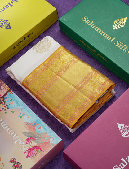 Korvai Beautiful White Pure Kanjivaram Silk Saree with Contrast Mustard Yellow Traditional Evening Morning Border