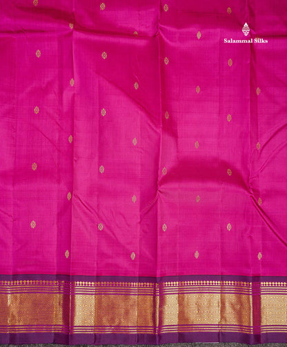 One Side Border Pure Silk Saree - Magenta Pink Zari Butta With Contrast Dark Purple Traditional Border
