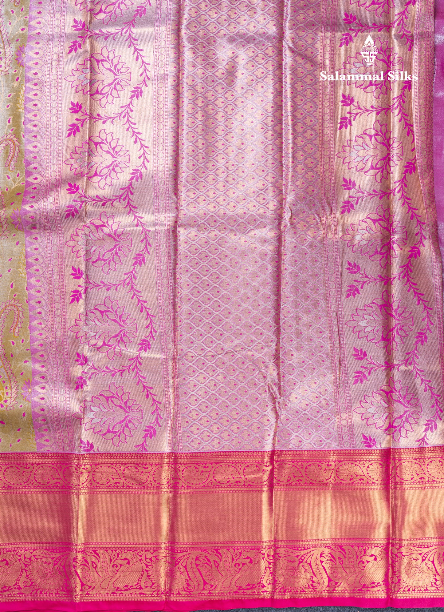 Olive Mustard Yellow Bridal Tissue Semi Silk Saree With Contrast Pink Traditional Evening Morning Border
