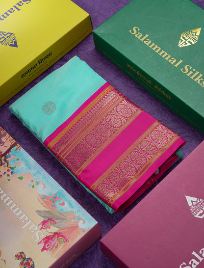 Beautiful Sapphire Blue Pure Kanjivaram Silk Saree With Contrast Pink Traditional Border