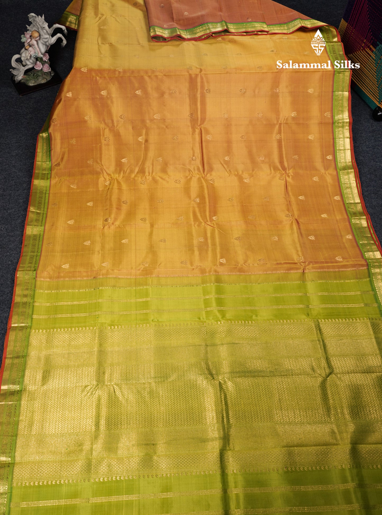 Dual Tone Sandal Pure Kanjivaram Silk Saree With Contrast Parrot Green Traditional Small Border