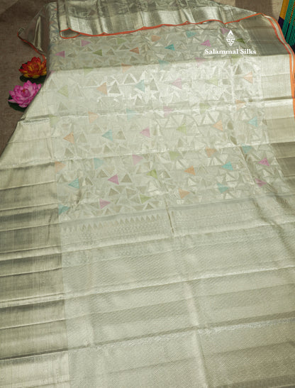 Geometric patter Silver Tissue Pure Kanjivaram Silk Saree (2G) Zari With Silver Zari Border