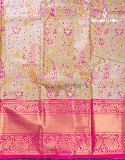 Olive Mustard Yellow Bridal Tissue Semi Silk Saree With Contrast Pink Traditional Evening Morning Border