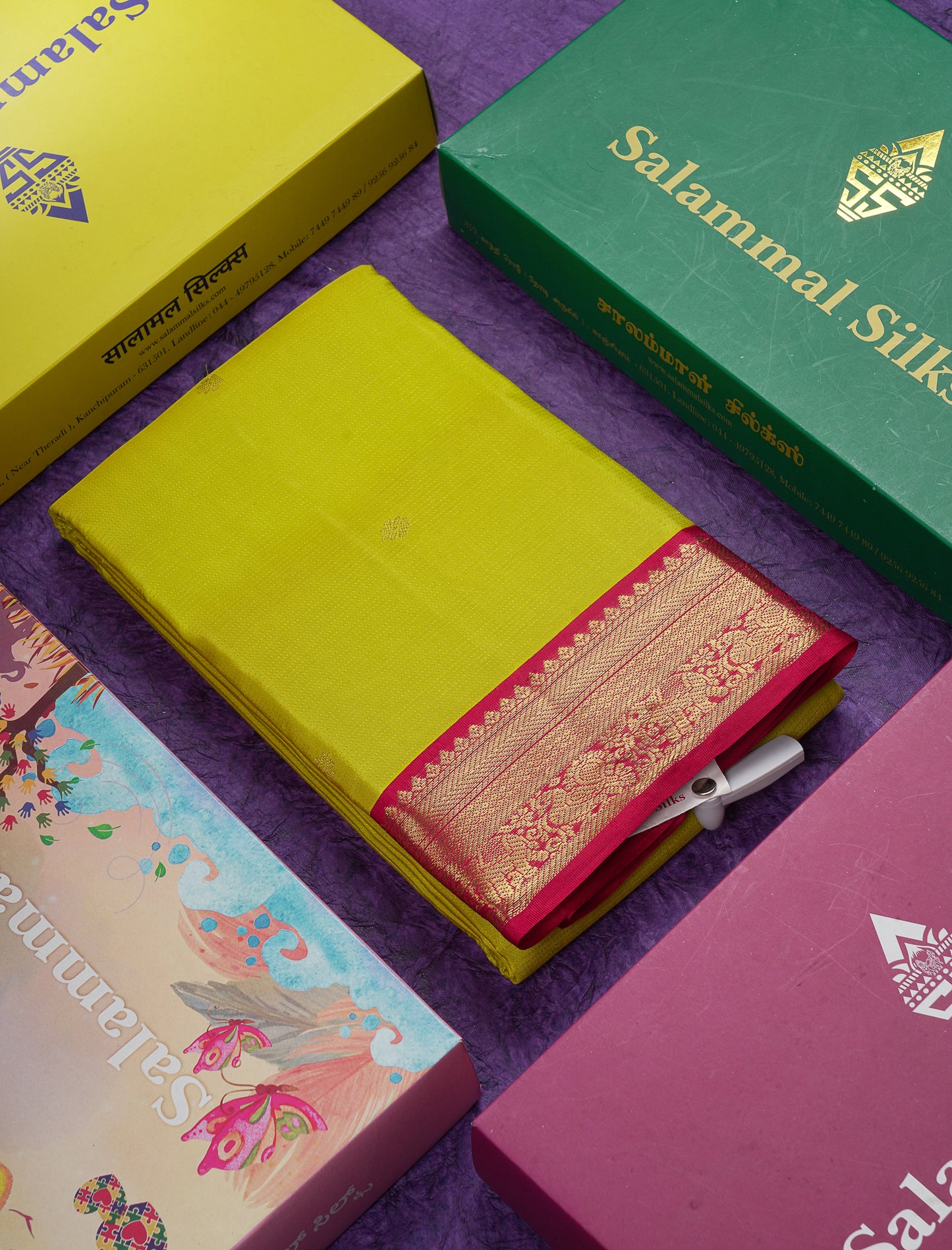 Beautiful Manthulir Yellow Vairaoosi Lines With Butta Pure Kanjivaram Silk Saree with Contrast Maroon Small Border