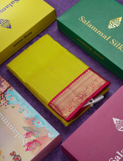 Beautiful Manthulir Yellow Vairaoosi Lines With Butta Pure Kanjivaram Silk Saree with Contrast Maroon Small Border