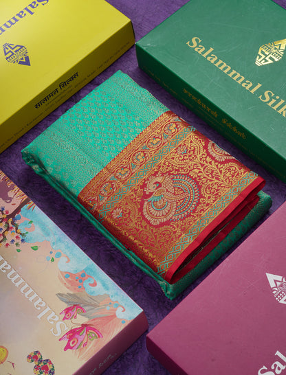 Beautiful Sapphire Green Bridal Pure Kanjivaram Silk Saree With Contrast Reddish Maroon Menakari Work Fancy Border