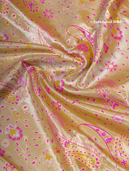 Olive Mustard Yellow Bridal Tissue Semi Silk Saree With Contrast Pink Traditional Evening Morning Border