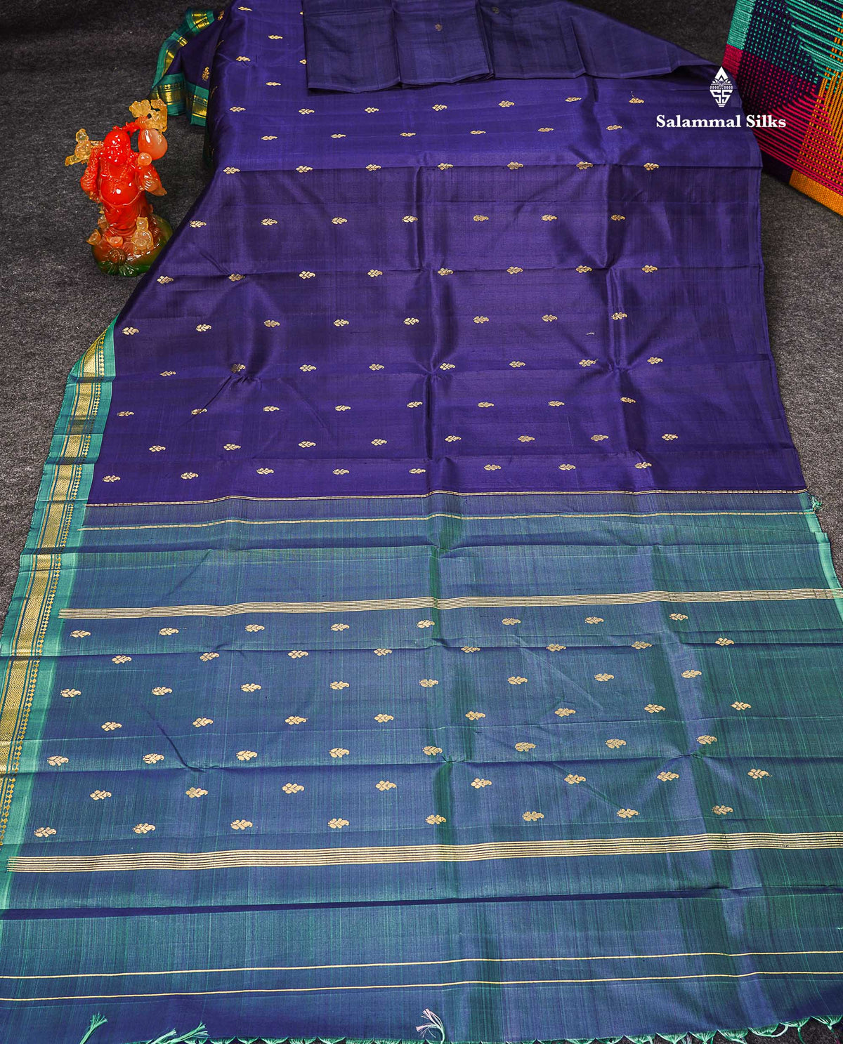 One Side Border Pure Silk Saree - Dual Tone Navy Blue Zari Butta With Contrast Sapphire Green Traditional Small Border