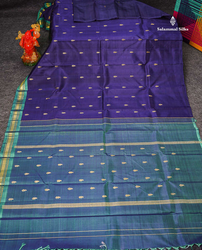 One Side Border Pure Silk Saree - Dual Tone Navy Blue Zari Butta With Contrast Sapphire Green Traditional Small Border