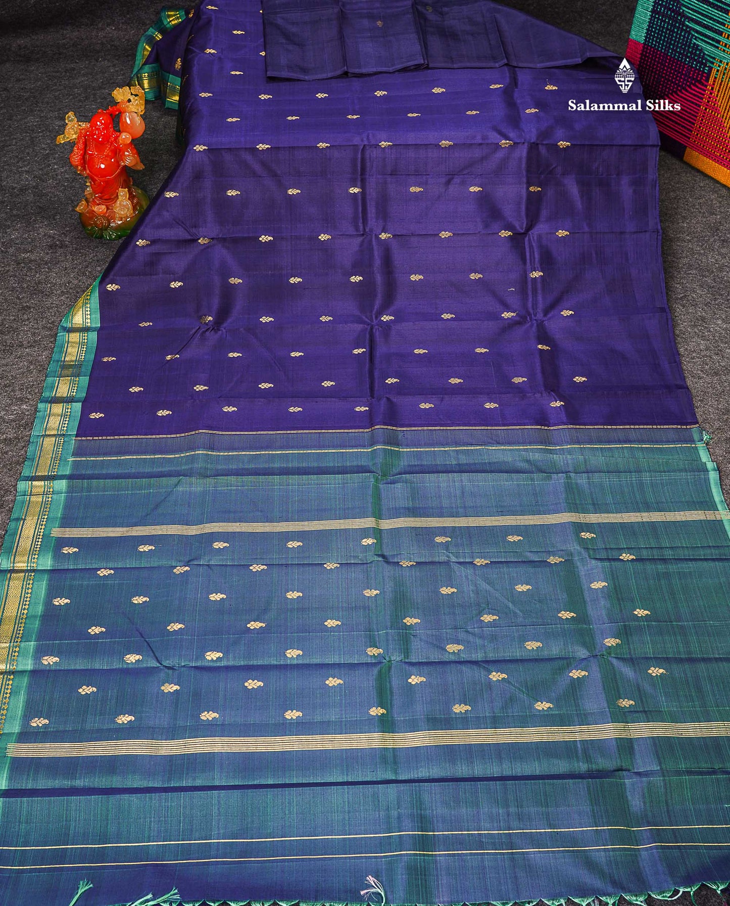 One Side Border Pure Silk Saree - Dark Navy Blue Zari Butta With Contrast Sapphire Green Traditional Small Border