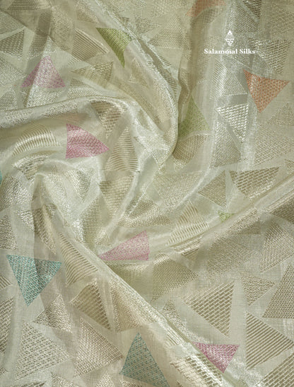 Geometric patter Silver Tissue Pure Kanjivaram Silk Saree (2G) Zari With Silver Zari Border
