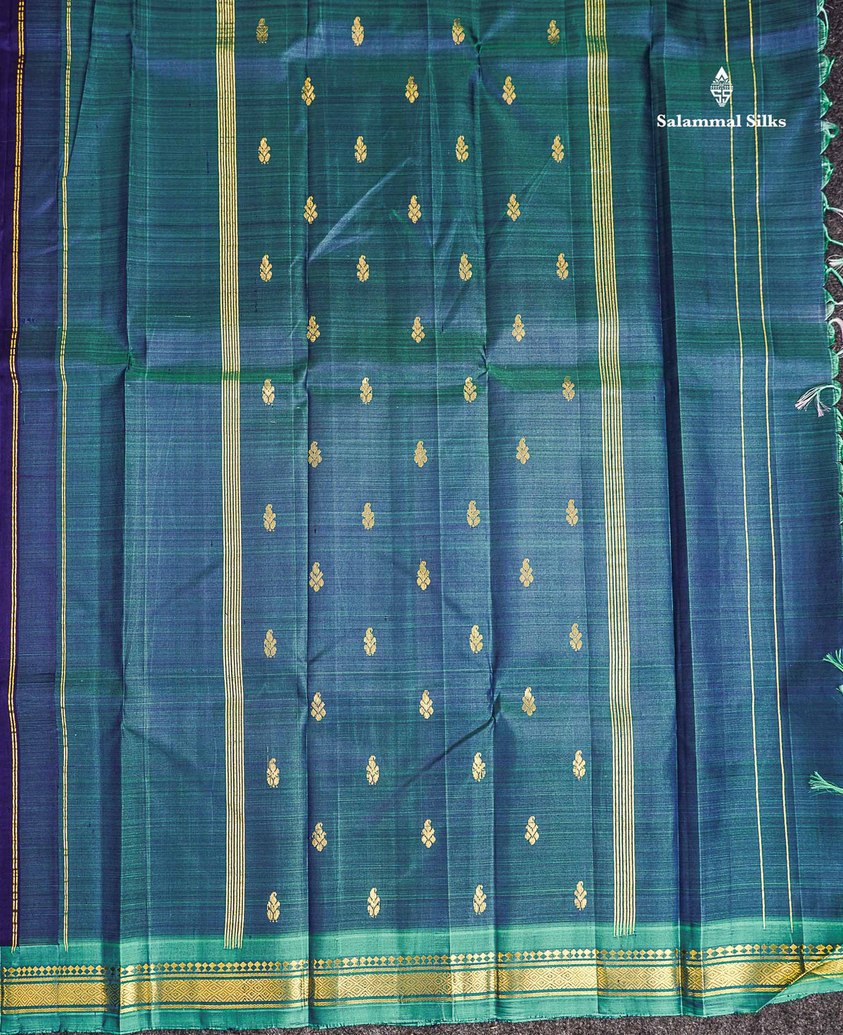 One Side Border Pure Silk Saree - Dual Tone Navy Blue Zari Butta With Contrast Sapphire Green Traditional Small Border