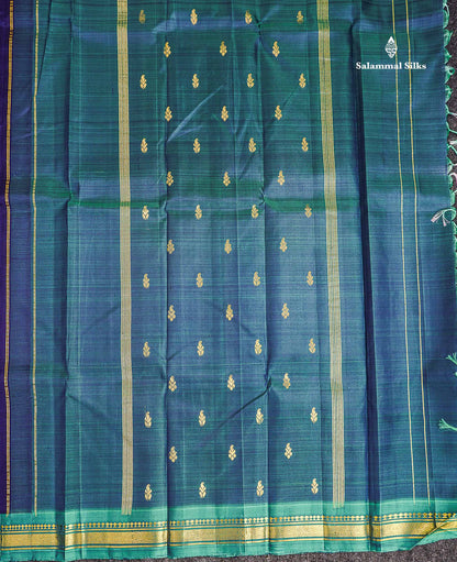 One Side Border Pure Silk Saree - Dual Tone Navy Blue Zari Butta With Contrast Sapphire Green Traditional Small Border