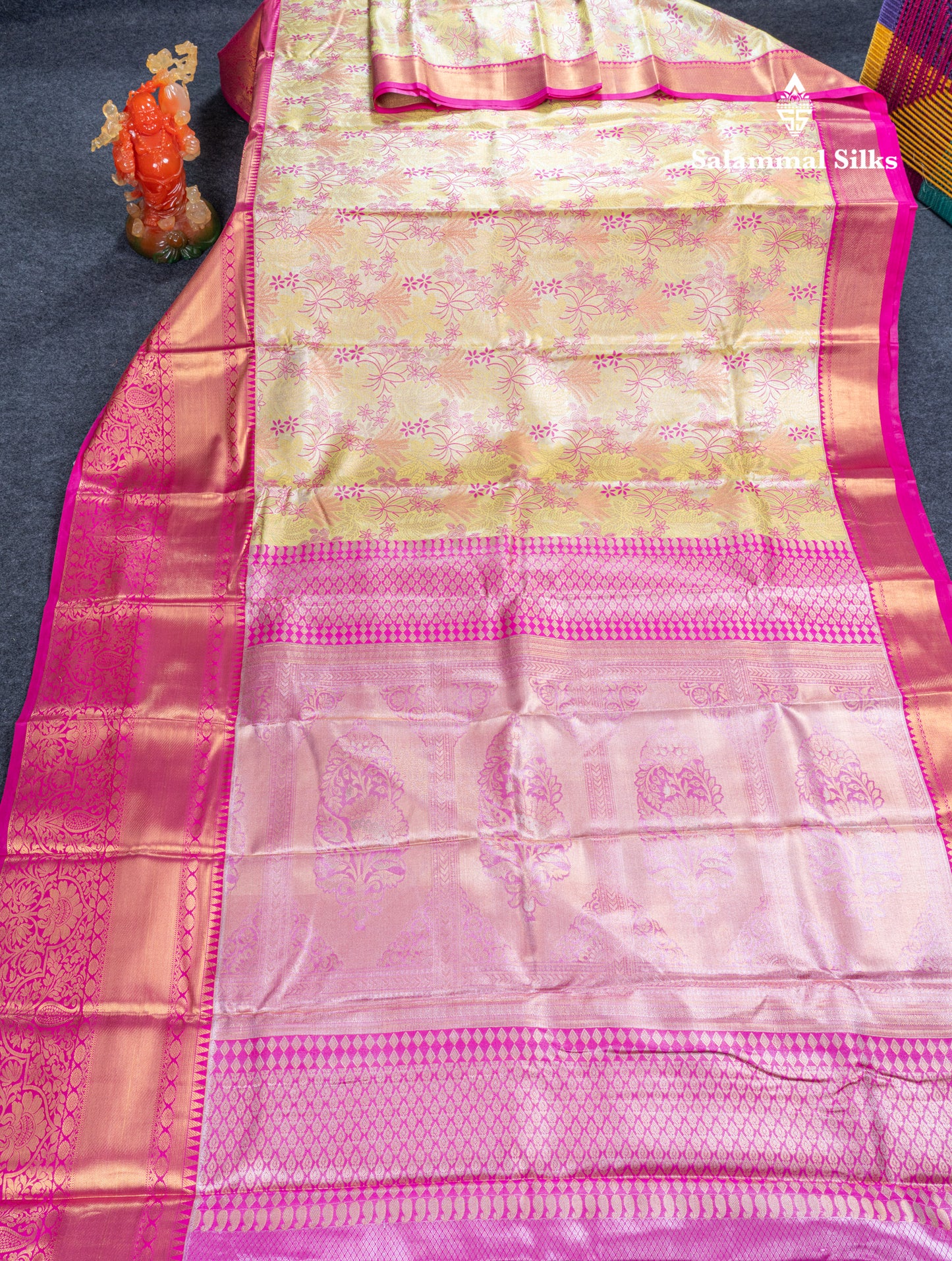Lemon Yellow Bridal Tissue Semi Silk Saree With Contrast Pink Traditional Evening Morning Border