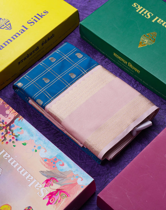 Beautiful Ramar Blue Checks With Butta Semi Silk Saree With Contrast Light Pink Traditional Rettapet Border