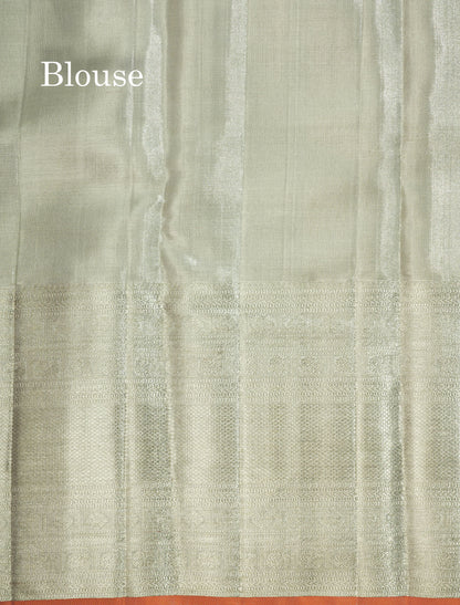 Geometric patter Silver Tissue Pure Kanjivaram Silk Saree (2G) Zari With Silver Zari Border