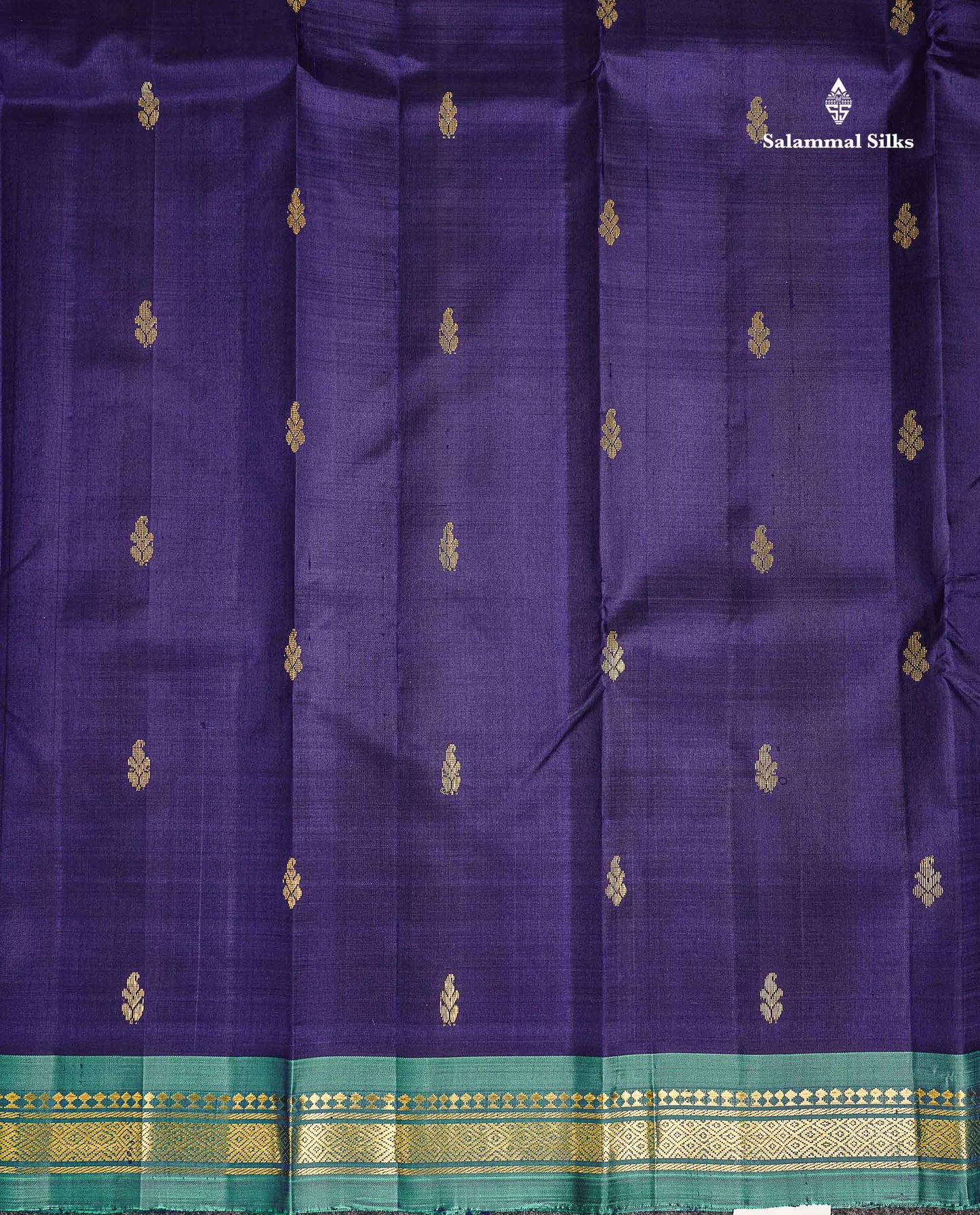 One Side Border Pure Silk Saree - Dual Tone Navy Blue Zari Butta With Contrast Sapphire Green Traditional Small Border