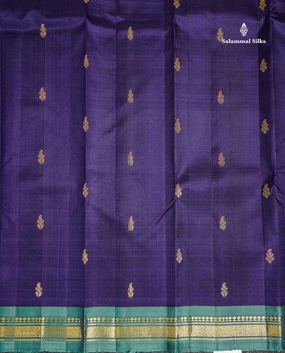 One Side Border Pure Silk Saree - Dual Tone Navy Blue Zari Butta With Contrast Sapphire Green Traditional Small Border