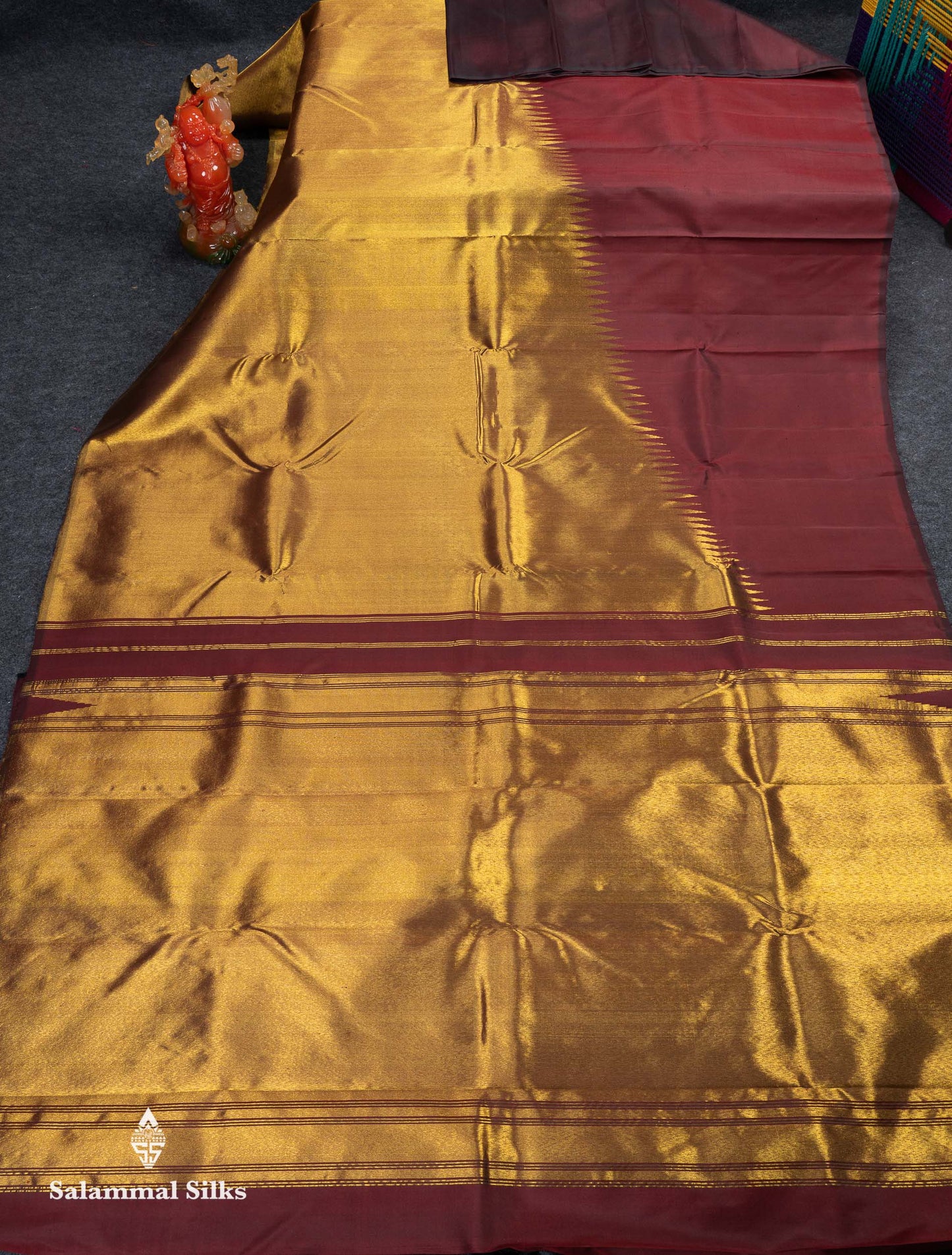 Beautiful Dark Maroon 8Kol Pure Kanjivaram Silk Saree With Traditional Raising Temple Border