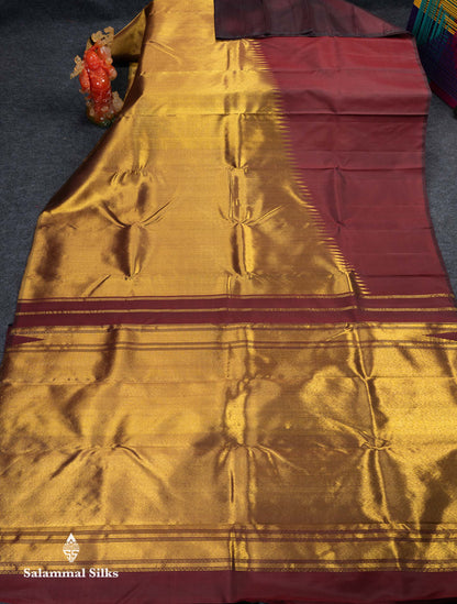 Beautiful Dark Maroon 8Kol Pure Kanjivaram Silk Saree With Traditional Raising Temple Border