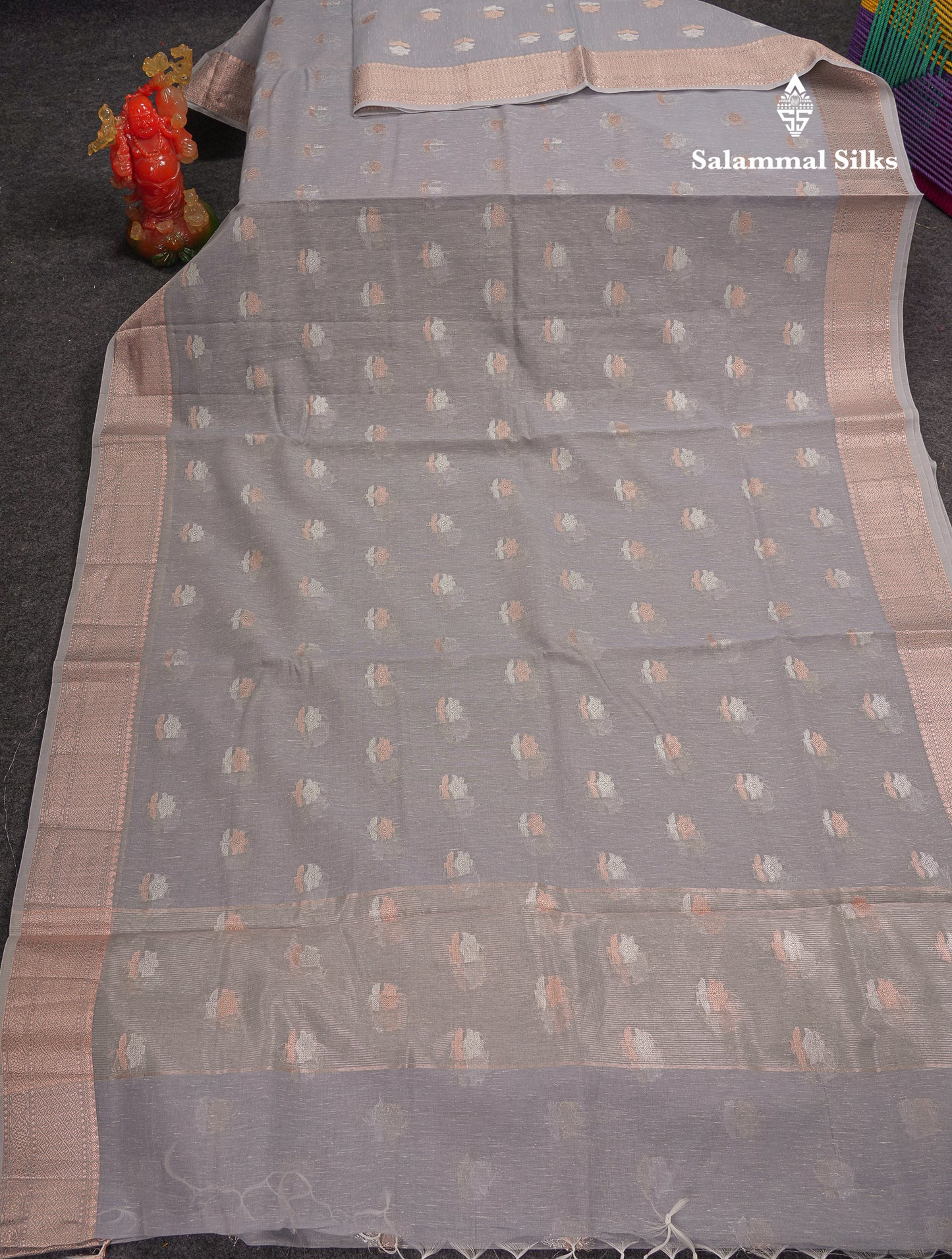Beautiful Elaichi Green Silver And Copper Zari Buttas Linen Mix Cotton Fancy Saree With Tarditional Border