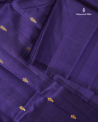 One Side Border Pure Silk Saree - Dual Tone Navy Blue Zari Butta With Contrast Sapphire Green Traditional Small Border