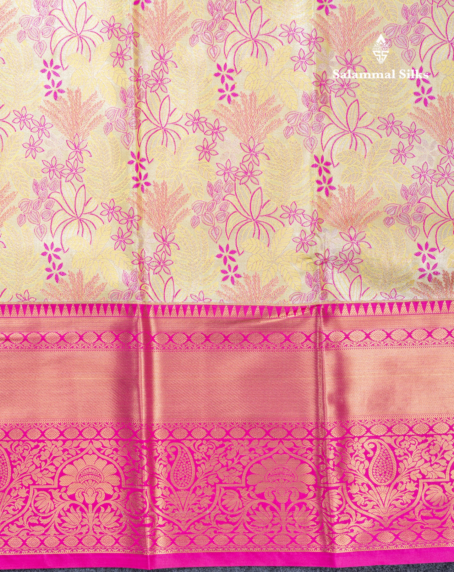 Lemon Yellow Bridal Tissue Semi Silk Saree With Contrast Pink Traditional Evening Morning Border