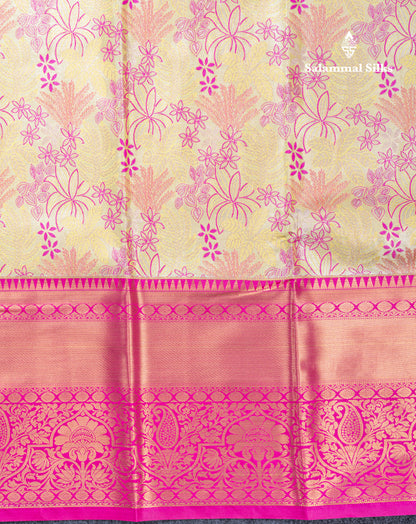 Lemon Yellow Bridal Tissue Semi Silk Saree With Contrast Pink Traditional Evening Morning Border