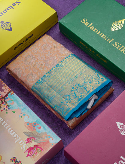 Beautiful Peach Tissue Bridal Pure Kanjivaram Silk Saree With Contrast Blue Traditional Border