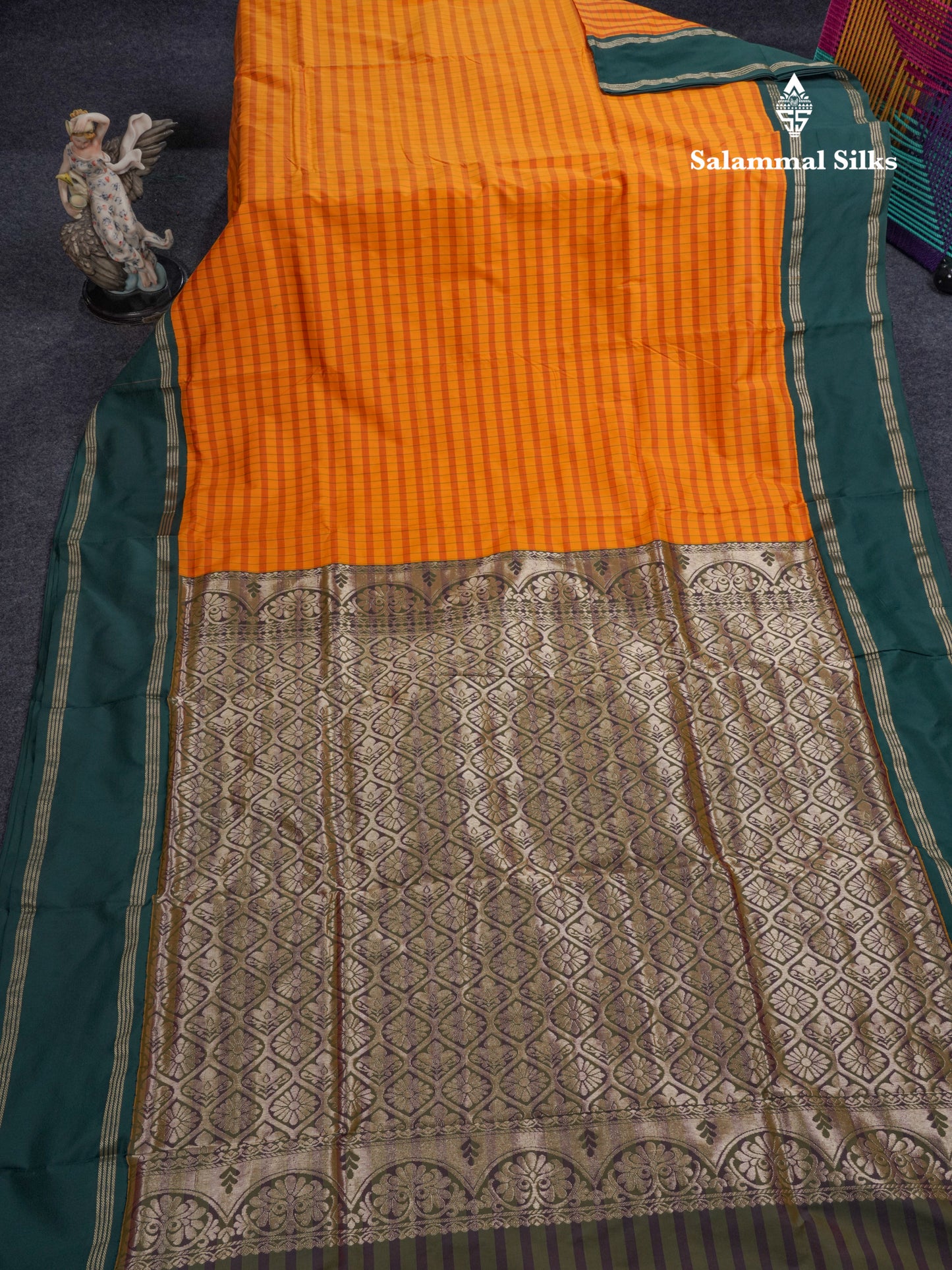 9 Yards Semi Silk Saree Orange & Rust Orange Checks with Bottle Green Double Border