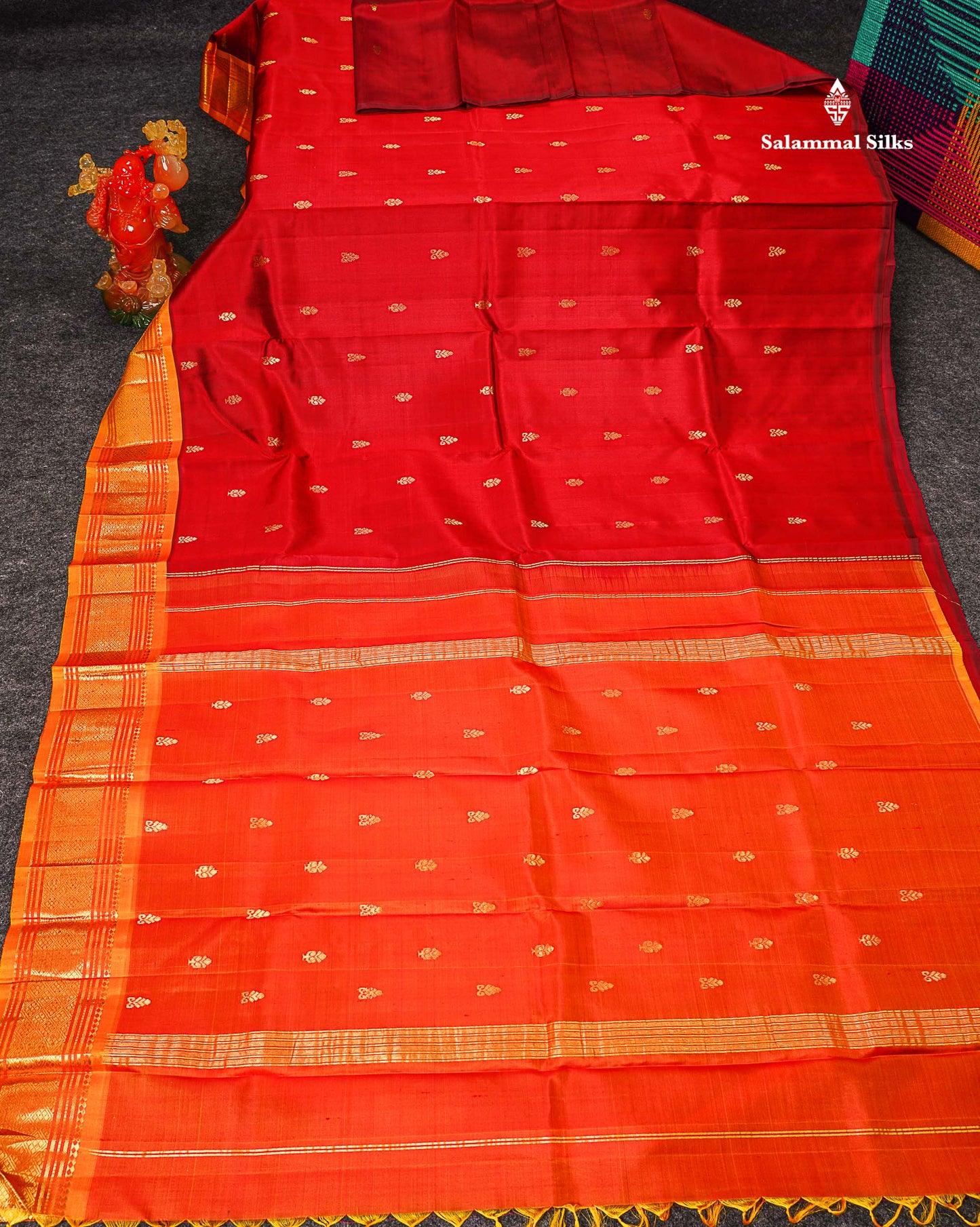 One Side Border Pure Silk Saree - Red Zari Butta With Contrast Mango Yellow Traditional Border