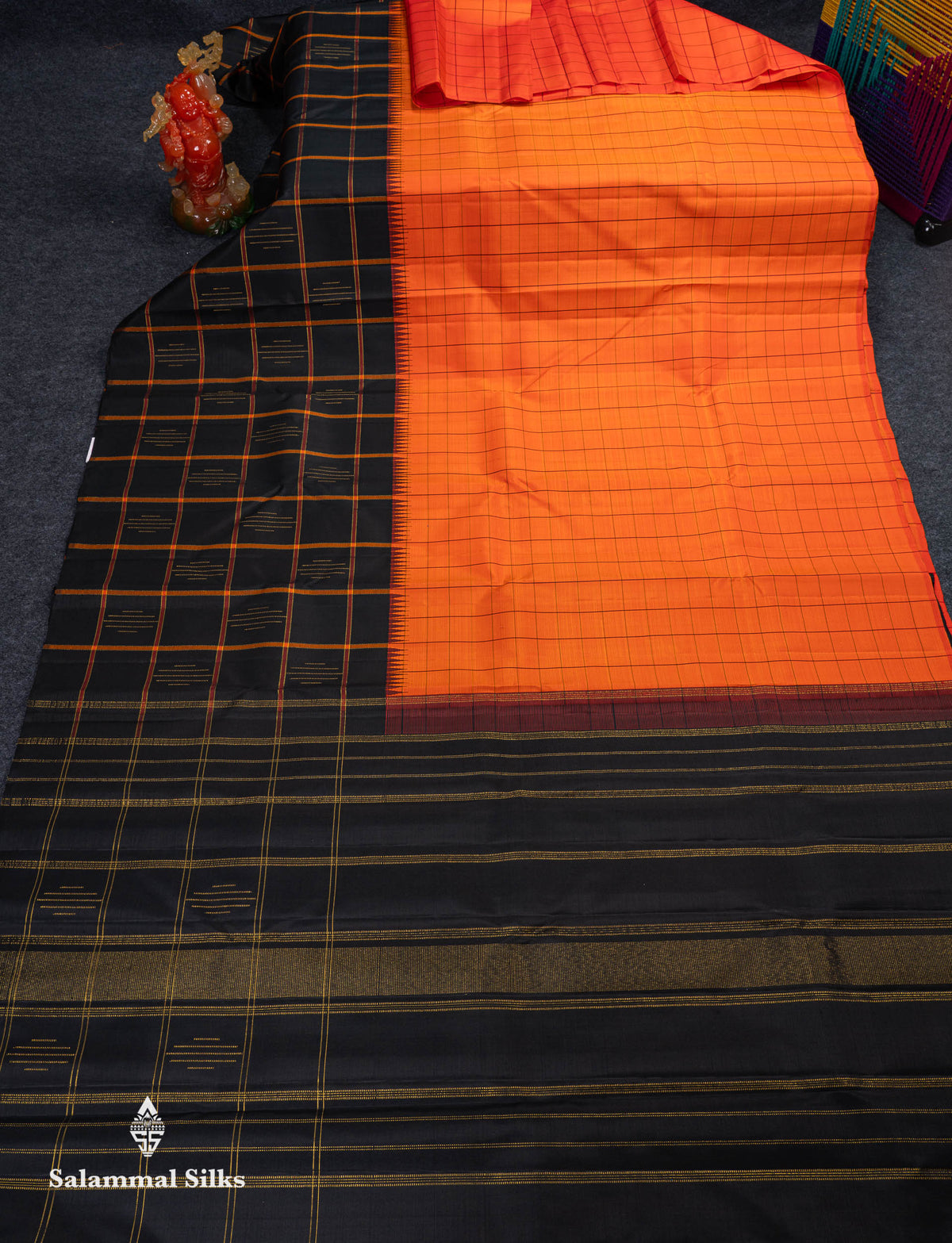 Beautiful Orange Checks Pure Kanjivaram Silk Saree With Contrast Black Big Checks & Traditional Temple Border