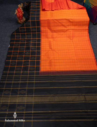 Beautiful Orange Checks Pure Kanjivaram Silk Saree With Contrast Black Big Checks & Traditional Temple Border