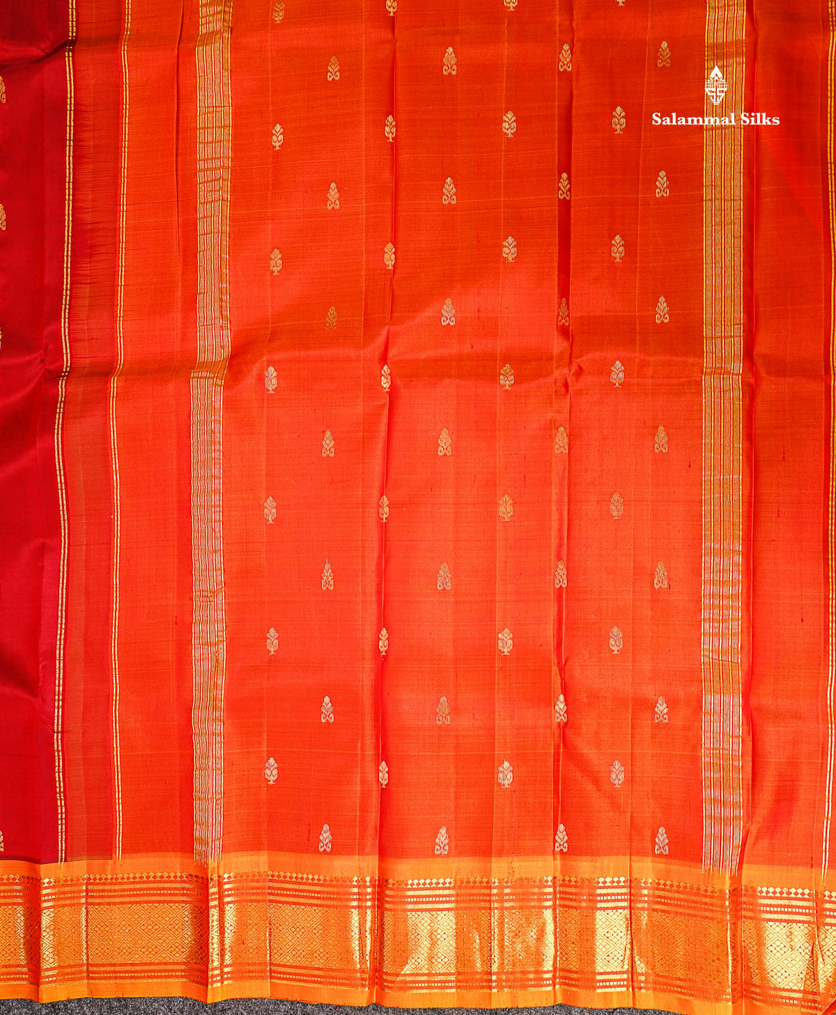 One Side Border Pure Silk Saree - Red Zari Butta With Contrast Mango Yellow Traditional Border