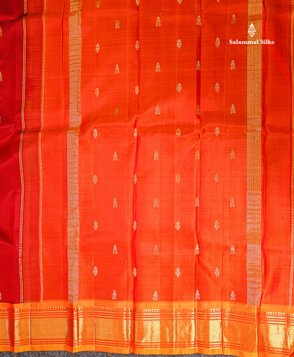 One Side Border Pure Silk Saree - Red Zari Butta With Contrast Mango Yellow Traditional Border