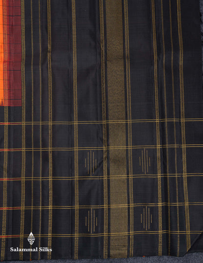 Beautiful Orange Checks Pure Kanjivaram Silk Saree With Contrast Black Big Checks & Traditional Temple Border