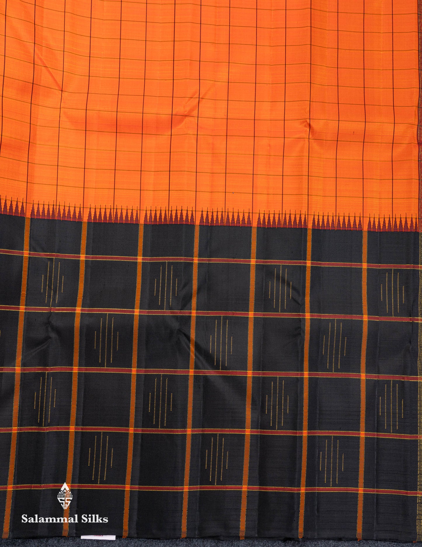 Beautiful Orange Checks Pure Kanjivaram Silk Saree With Contrast Black Big Checks & Traditional Temple Border