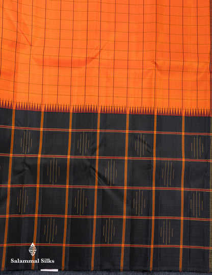 Beautiful Orange Checks Pure Kanjivaram Silk Saree With Contrast Black Big Checks & Traditional Temple Border