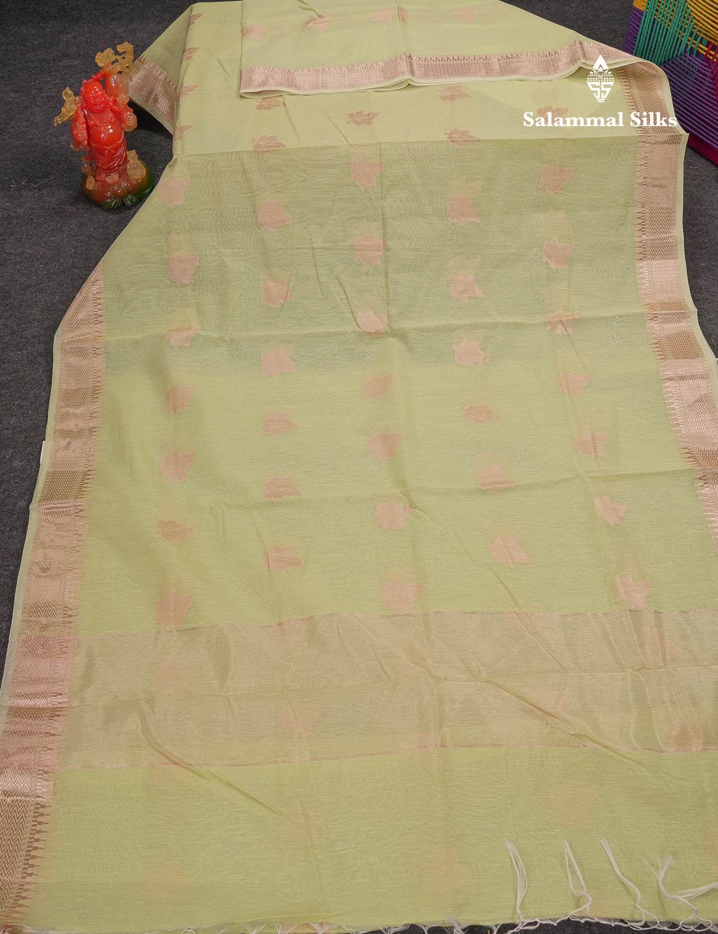 Beautiful Elaichi Green Silver And Copper Zari Buttas Linen Mix Cotton Fancy Saree With Tarditional Border