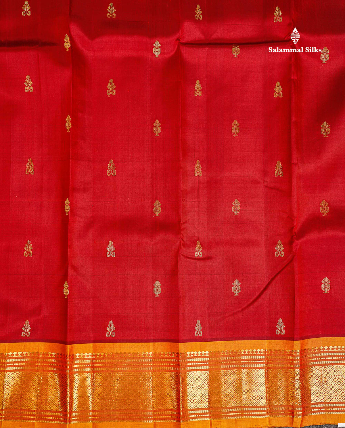 One Side Border Pure Silk Saree - Red Zari Butta With Contrast Mango Yellow Traditional Border